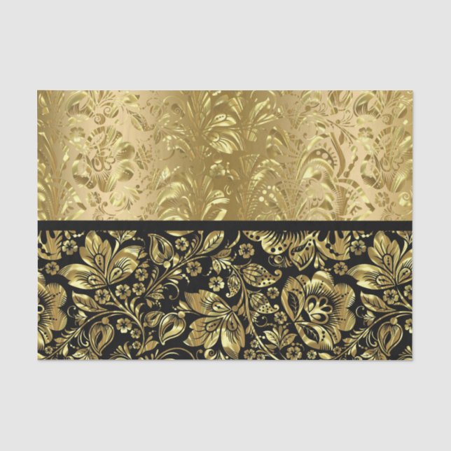 Schwarz und Shiny Gold Floral Damaskus Seidenpapier (Vorderseite)