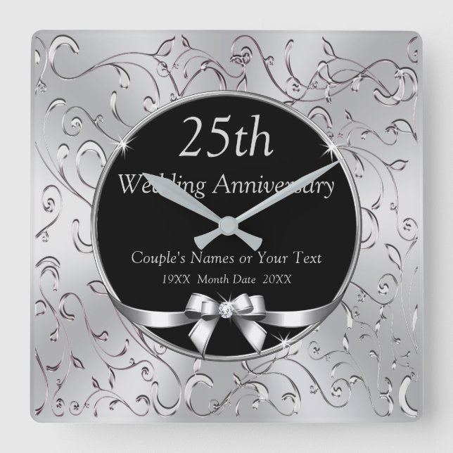 Schwarz und Silber 25. Hochzeitstag Geschenke Quadratische Wanduhr (Vorderseite)