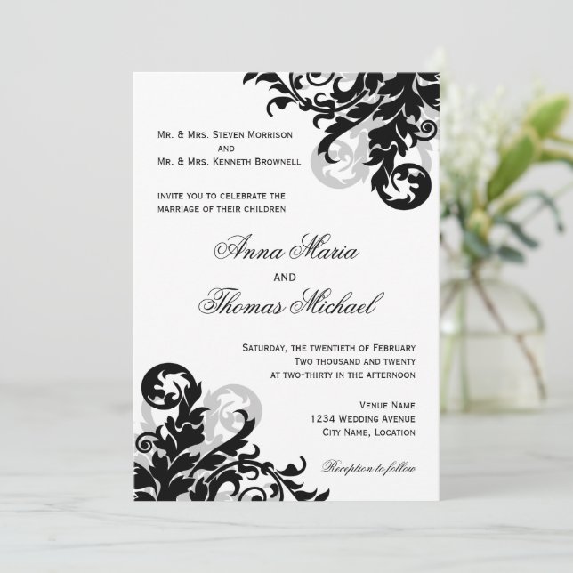 Schwarz und Silber Blühend Einladung zur Hochzeit (Stehend Vorderseite)