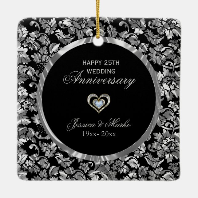 Schwarz und Silber Damask 25 Jahre Keramikornament (Rückseite)