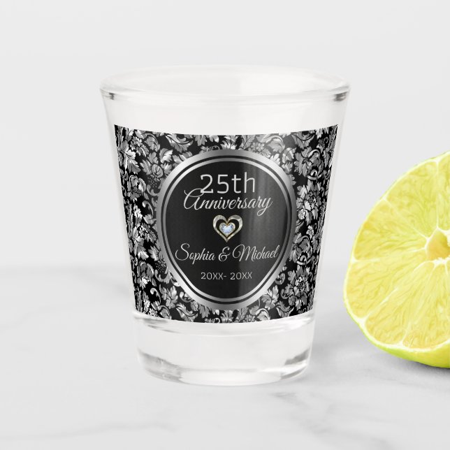 Schwarz und Silber Damask 25 Jahre Schnapsglas (Vorderseite)