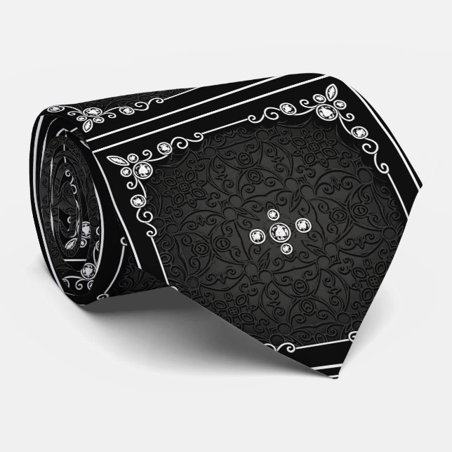 Schwarz und Silber-Design mit Diamond Look Necktie Krawatte (Gerollt)