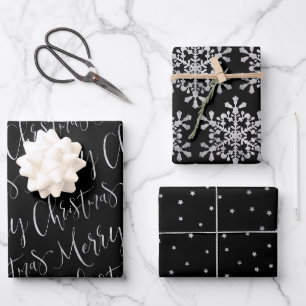 Schwarz und Silber frohe Weihnachtsschneeflocken S Geschenkpapier Set