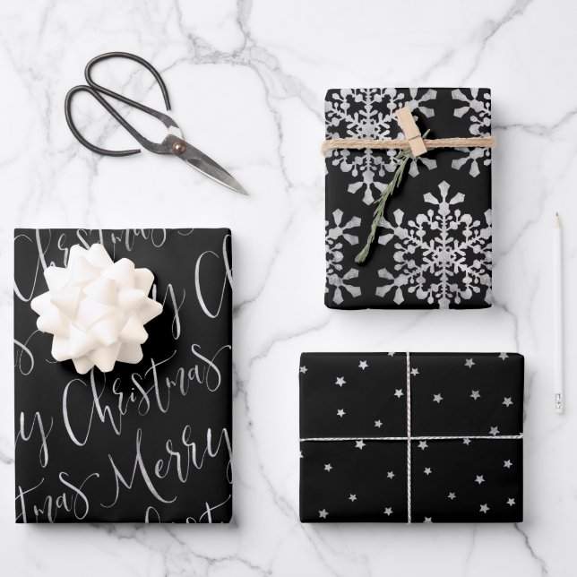 Schwarz und Silber frohe Weihnachtsschneeflocken S Geschenkpapier Set (Vorderseite)