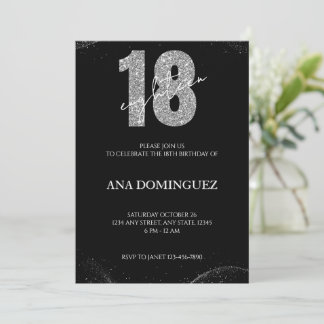 Schwarz und Silber Glitzer 18. Geburtstag Einladun Einladung
