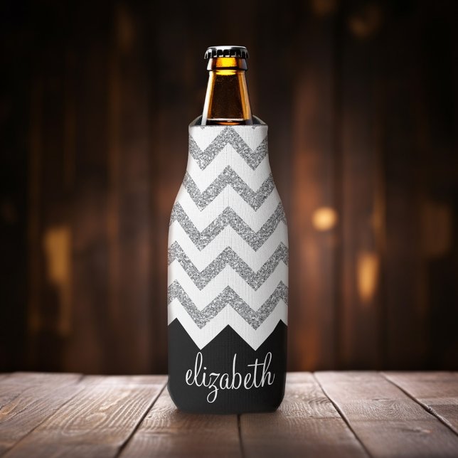 Schwarz und Silber Glitzer Druckköpfe und Name Flaschenkühler (Add your name to this personalized bottle cooler.)