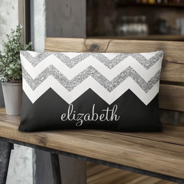 Schwarz und Silber Glitzer Druckköpfe und Name Lendenkissen (Custom Pillow)