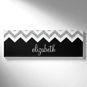 Schwarz und Silber Glitzer Druckköpfe und Name Namenschild