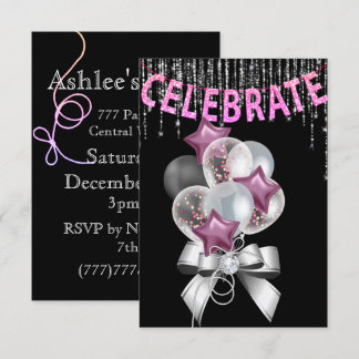 Schwarz und Silber lila mit Balloons Girl Party Einladung