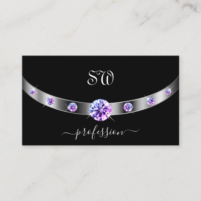 Schwarz und Silber mit Lila Diamanten Mit Monogram Visitenkarte (Vorderseite)