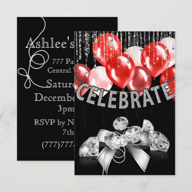 Schwarz und Silber mit rotem Balloons Girl Party Einladung (Vorne/Hinten)