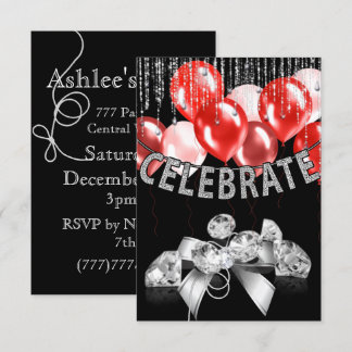 Schwarz und Silber mit rotem Balloons Girl Party Einladung