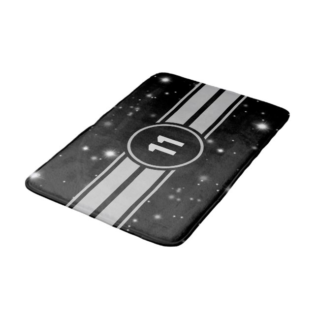 Schwarz und Silber Racing Stripes Starlight Badematte (Schrägansicht)