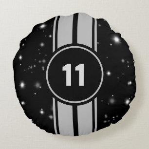Schwarz und Silber Racing Stripes Starlight Rundes Kissen
