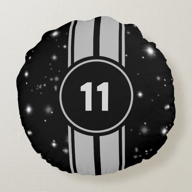 Schwarz und Silber Racing Stripes Starlight Rundes Kissen (Rückseite)