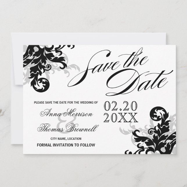 Schwarz und Silber Save the Date Geblüht (Vorderseite)