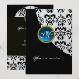 SCHWARZ- UND SILBERDAMASK-MONOGRAMM, blauer Saphir Einladung
