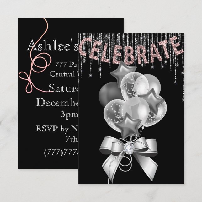 Schwarz und Silberrosa mit Balloons Girl-Party Einladung (Vorne/Hinten)