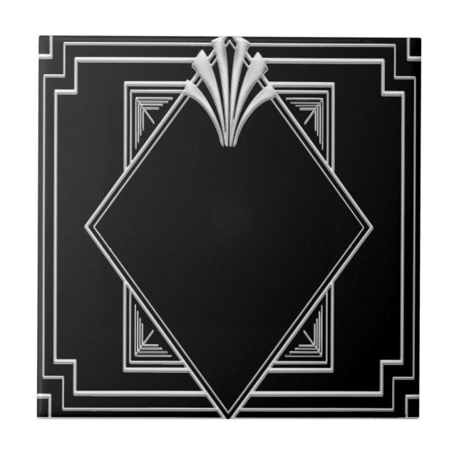 Schwarz und Silver Art Deco Keramik Tile. Fliese (Vorderseite)