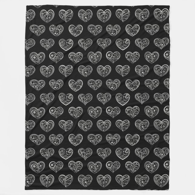 Schwarz und Silver Filigree Herz Fleecedecke (Vorderseite)