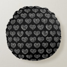 Schwarz und Silver Filigree Herz Rundes Kissen
