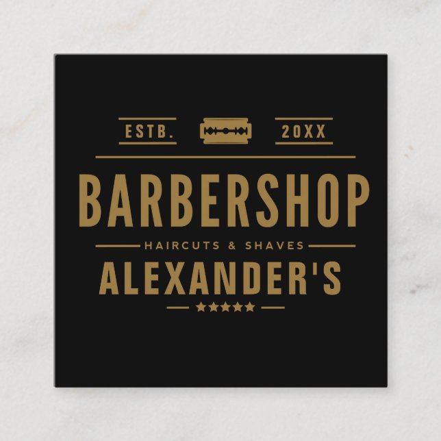 Schwarz und Tan Modern Barbershop Square Quadratische Visitenkarte (Vorderseite)