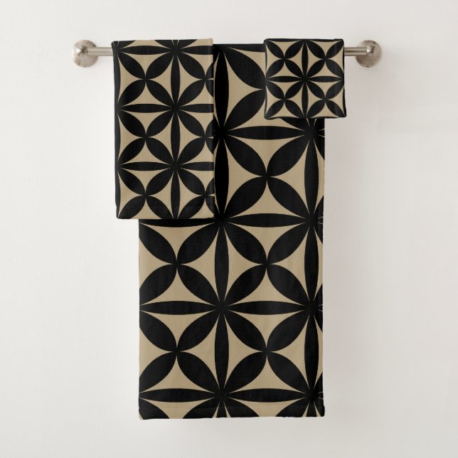 Schwarz und Tan Moderne / Retro-Print Badhandtuch Set (Insitu)