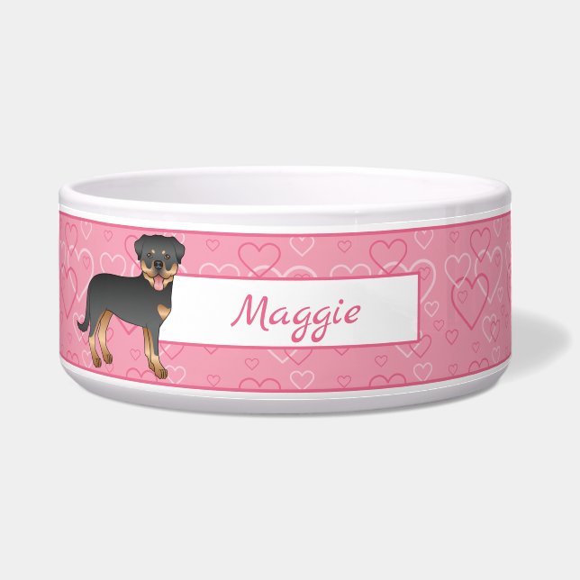 Schwarz und Tan Rottweiler auf rosa Herzen und Nam Napf (Vorderseite)