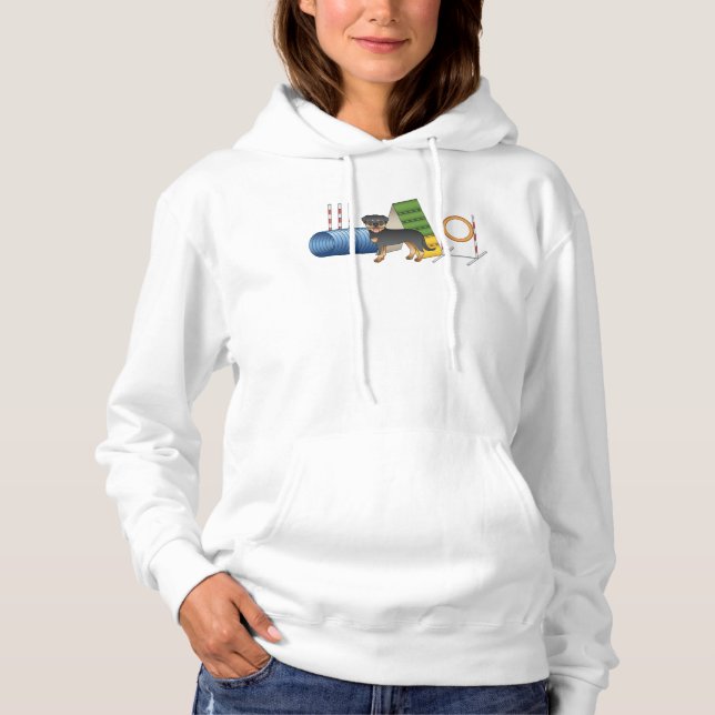 Schwarz und Tan Rottweiler mit Agility Hoodie (Vorderseite)
