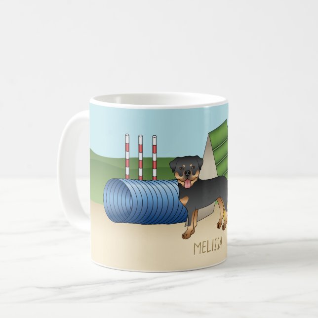 Schwarz und Tan Rottweiler mit Agility Kaffeetasse (Vorderseite Links)