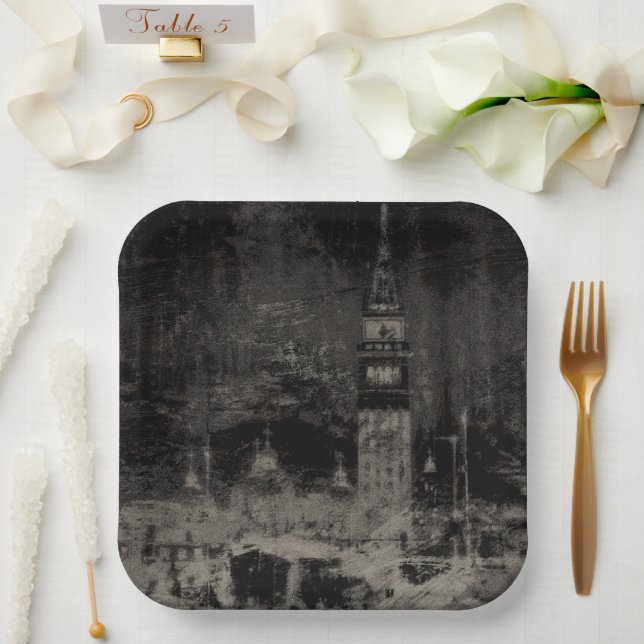 Schwarz und Taupe Skyline Venedig Italien Pappteller (Hochzeit)