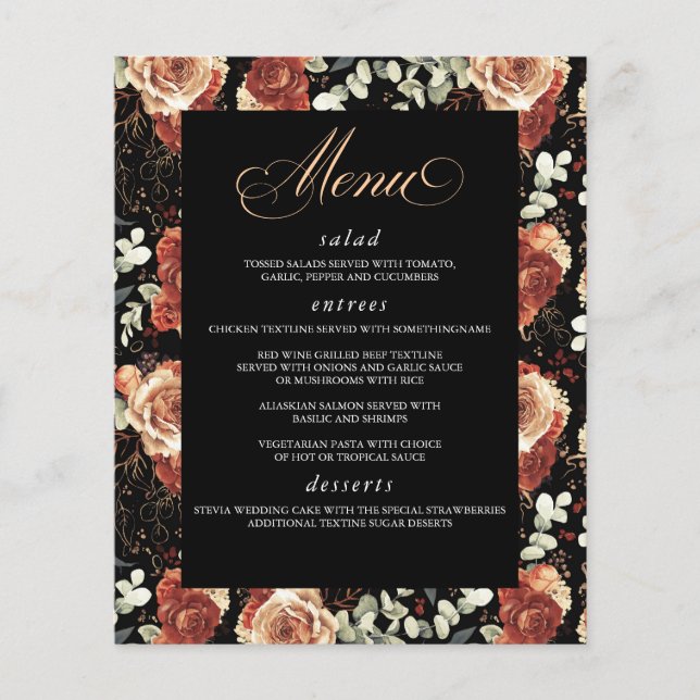Schwarz und Terracotta Elegantes Hochzeitsmenü Flyer (Vorne)