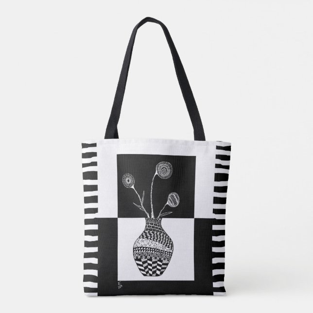 Schwarz und Während Blume in einer Vase Totbeutel Tasche (Rückseite)