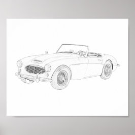 Schwarz und Weiß 1960 Zeichnend Austin Healey Poster