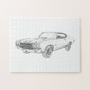 Schwarz und Weiß 1970 Chevrolet Chevelle Zeichnend