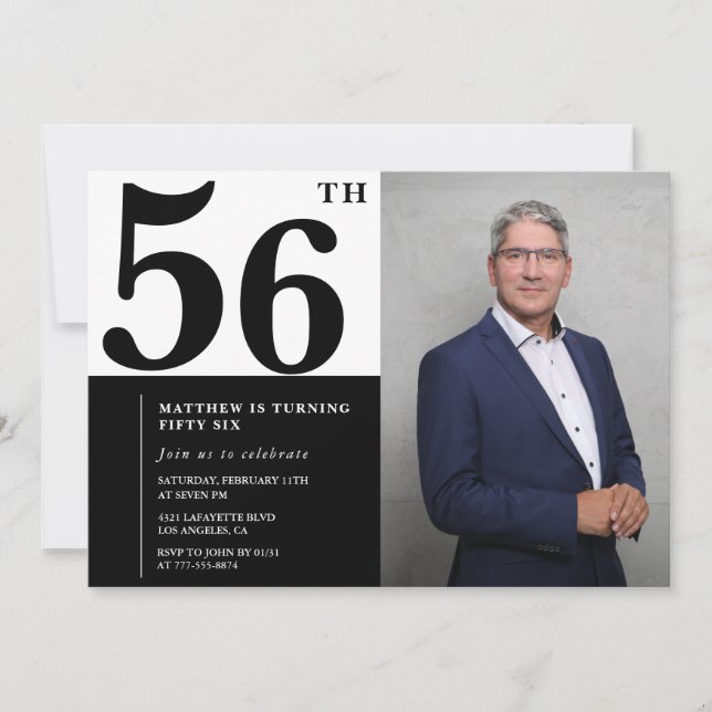 Schwarz und Weiß 56. Geburtstag Einladungen Foto (Vorderseite)