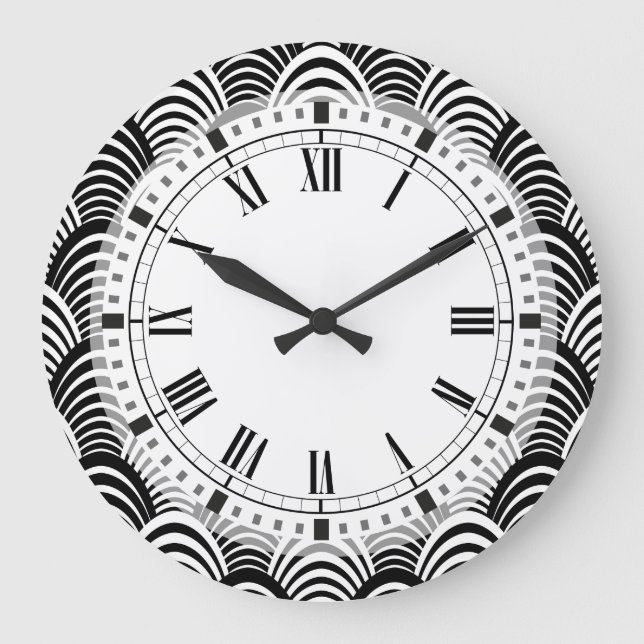 Schwarz und Weiß Art Deco Palm Frond Classic Große Wanduhr (Vorderseite)