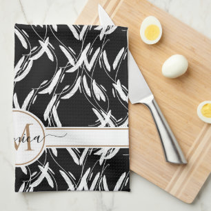 Schwarz und Weiß Blumen Botanisch Gold Monogrammie Geschirrtuch