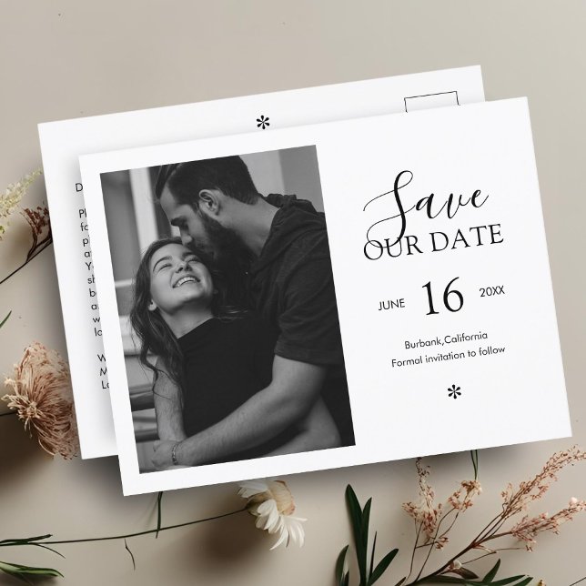 Schwarz und Weiß | Chic Minimal Save the Date Foto Postkarte (Von Creator hochgeladen)