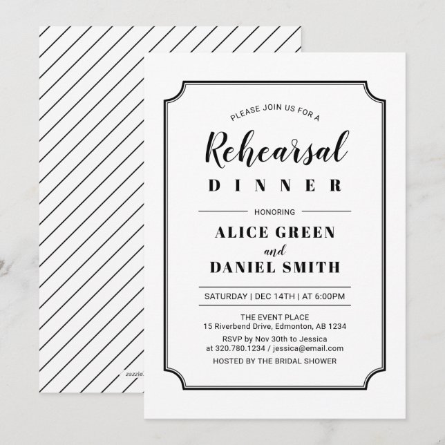 Schwarz und Weiß | Classic Wedding Probe Dinner Einladung (Vorne/Hinten)