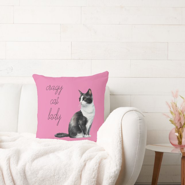 Schwarz und Weiß Crazy Cat Lady Kissen (Liege)
