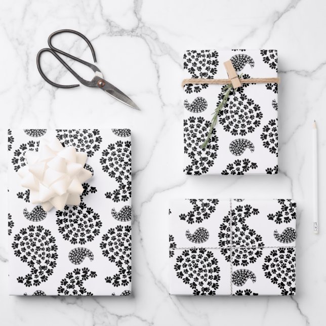 Schwarz und Weiß Dog Paw Print Paisley Geschenkpapier Set (Vorderseite)