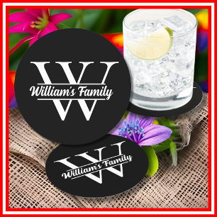 Schwarz und Weiß   Einfaches Familiennamens-Monogr Runder Pappuntersetzer