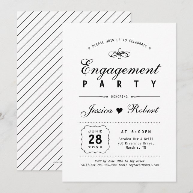 Schwarz und Weiß | Elegante Engagement-Partei Einladung (Vorne/Hinten)