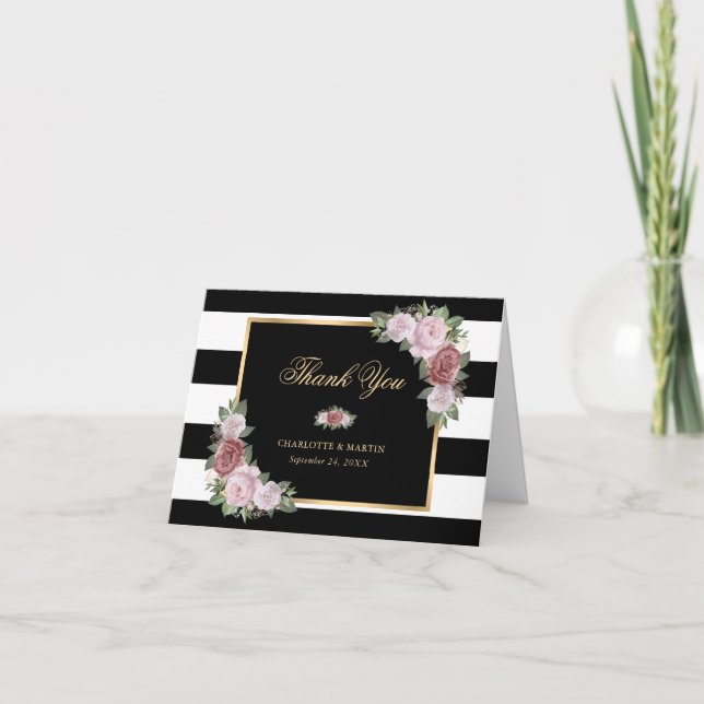 Schwarz und Weiß Gold Blush Floral Danke Karte (Vorderseite)