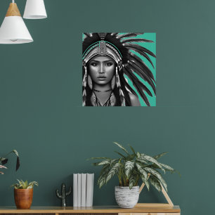 Schwarz und Weiß im Aquamarinen Indianeramerikaner Poster