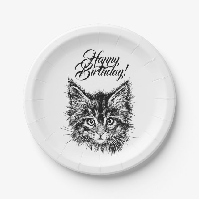Schwarz und Weiß Kitten Face Happy Birthday Pappteller (Vorderseite)