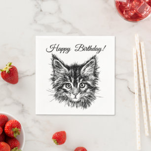 Schwarz und Weiß Kitten Face Happy Birthday Serviette
