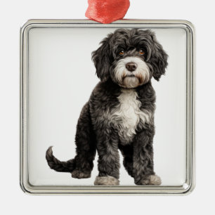 SCHWARZ UND WEISS KURZ PORTUGALS WASSERHUND ORNAMENT AUS METALL