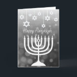 Schwarz und Weiß Menorah Happy Hanukkah Karte<br><div class="desc">Schwarz-Weiß Sterne von David und Happy Hanukkah menorah personalisierte Karte.</div>